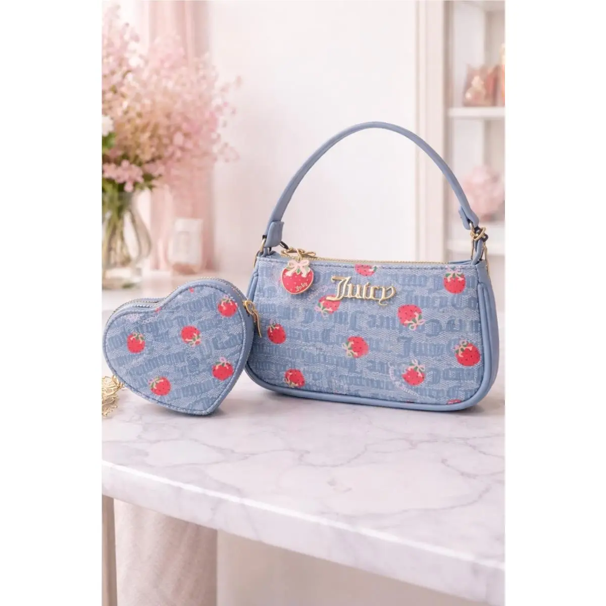 Juicy Couture Strawberry Mini Bag Blue Baguette + Heart Coin Purse