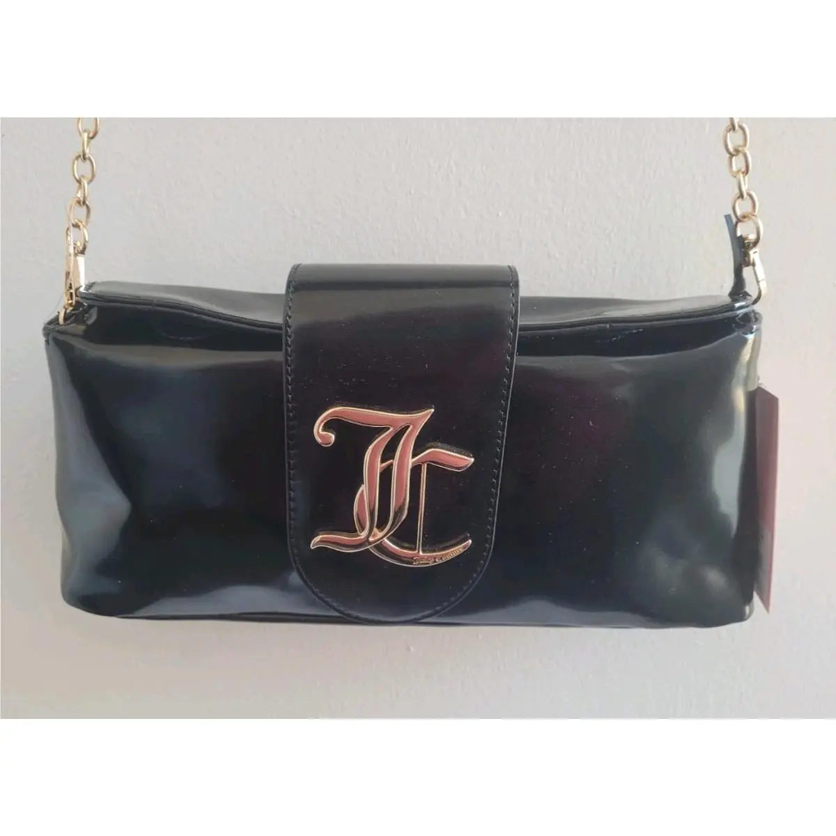 Juicy Couture Clutch Women OS Black Overstated Patent Leather Gold Monogram Bag