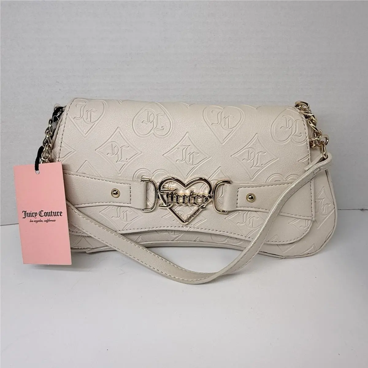 Juicy Couture Crystal Only Juicy Flap Shoulder Bag Gold Buckle Cream Color
