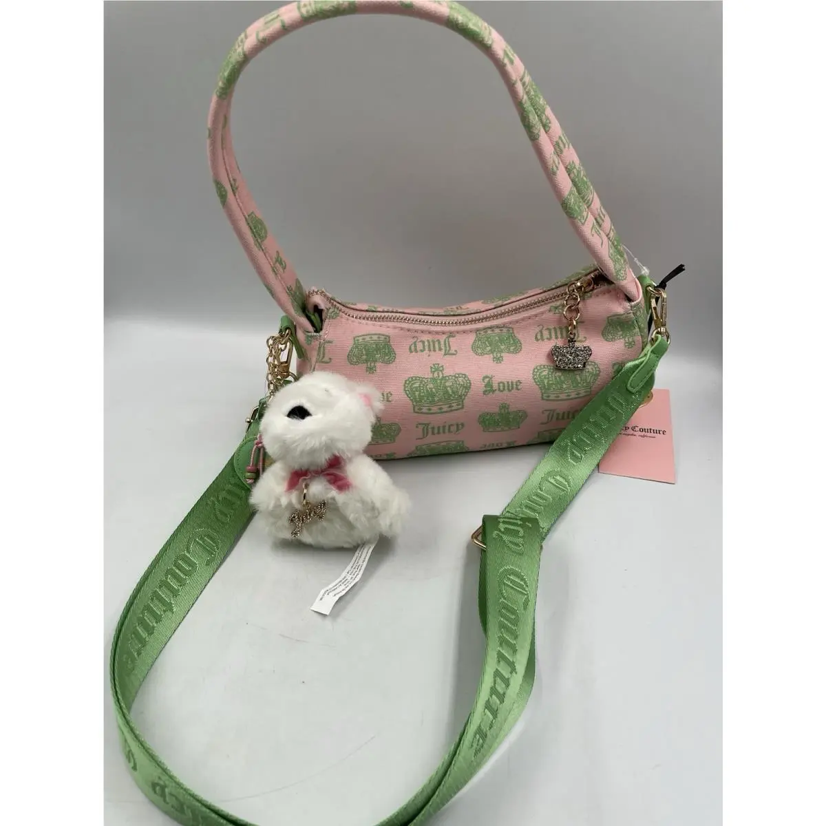 Juicy Couture Pink/green Shoulder Bag w/ Embroidered Bear Charm