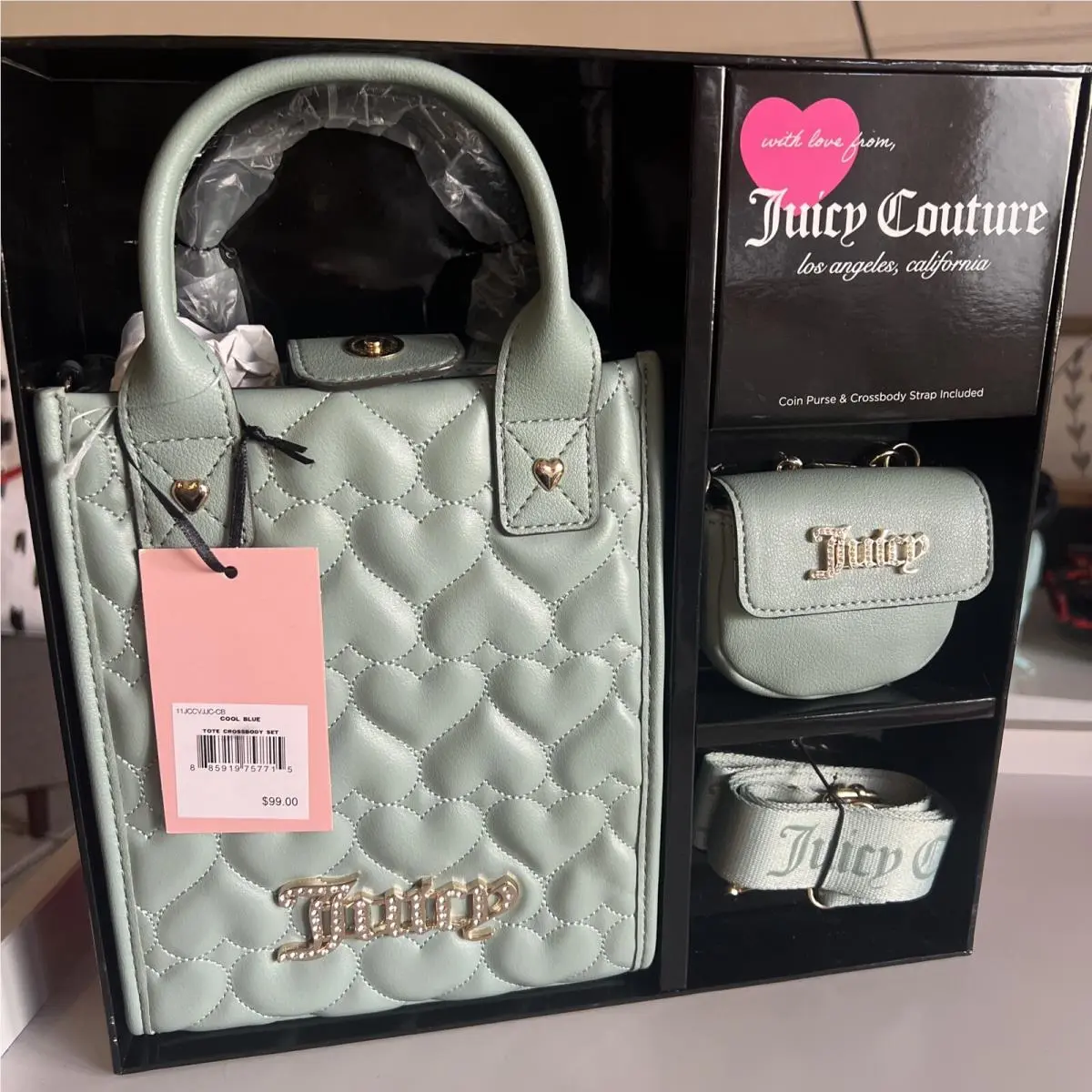 Juicy Couture Tote Crossbody Gift Set In Cool Blue 3pc Gift Set Heart