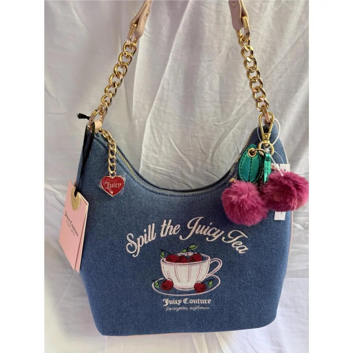 Juicy Couture Medium Washed Denim Sweet Tea Party Hobo Handbag