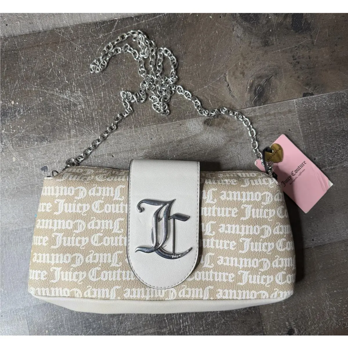 Juicy Couture Overstated Logo Clutch Beige Ivory Silver Chain Magnetic Lined