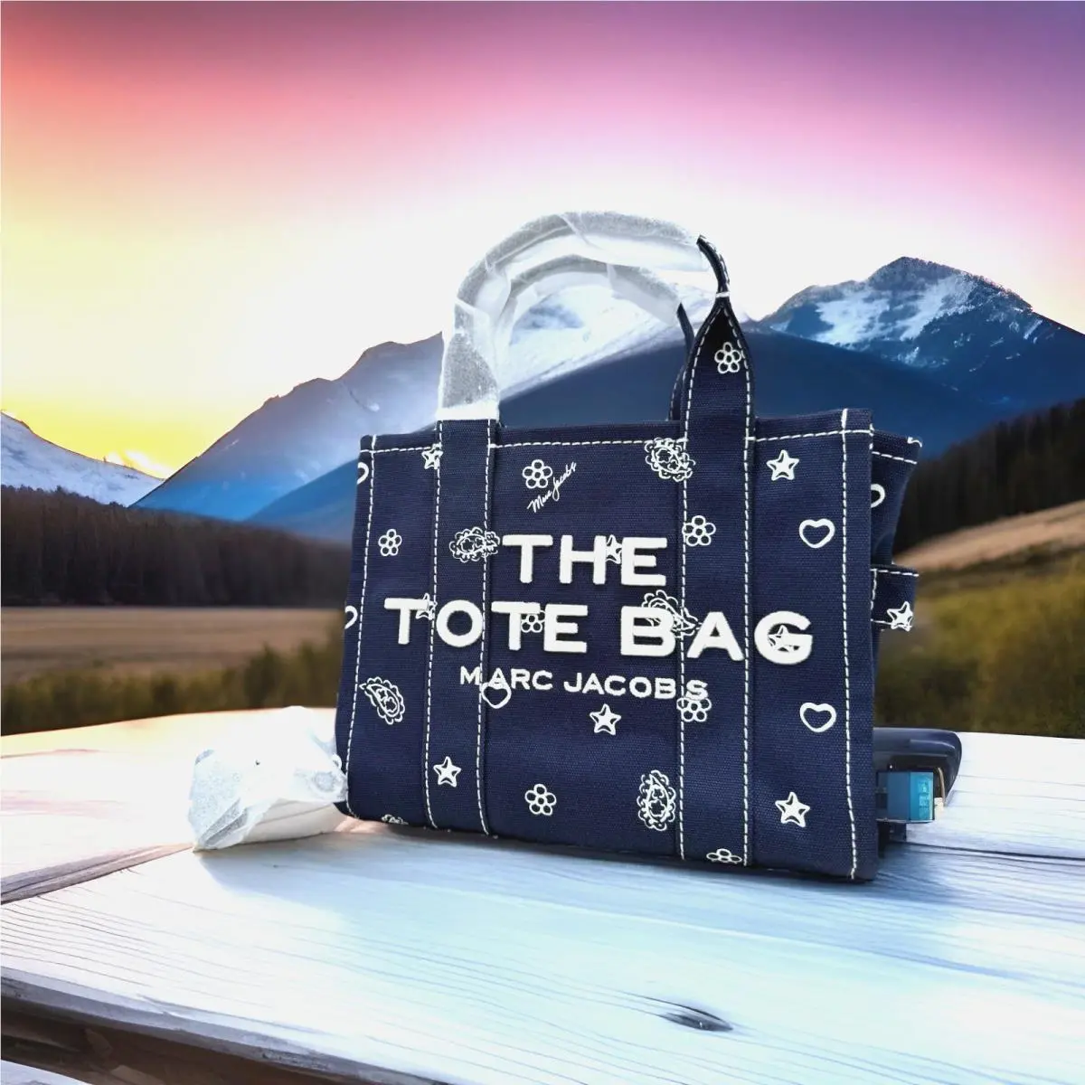Marc Jacobs The Bandana Small Canvas Tote Crossbody In Navy/ Multi-new