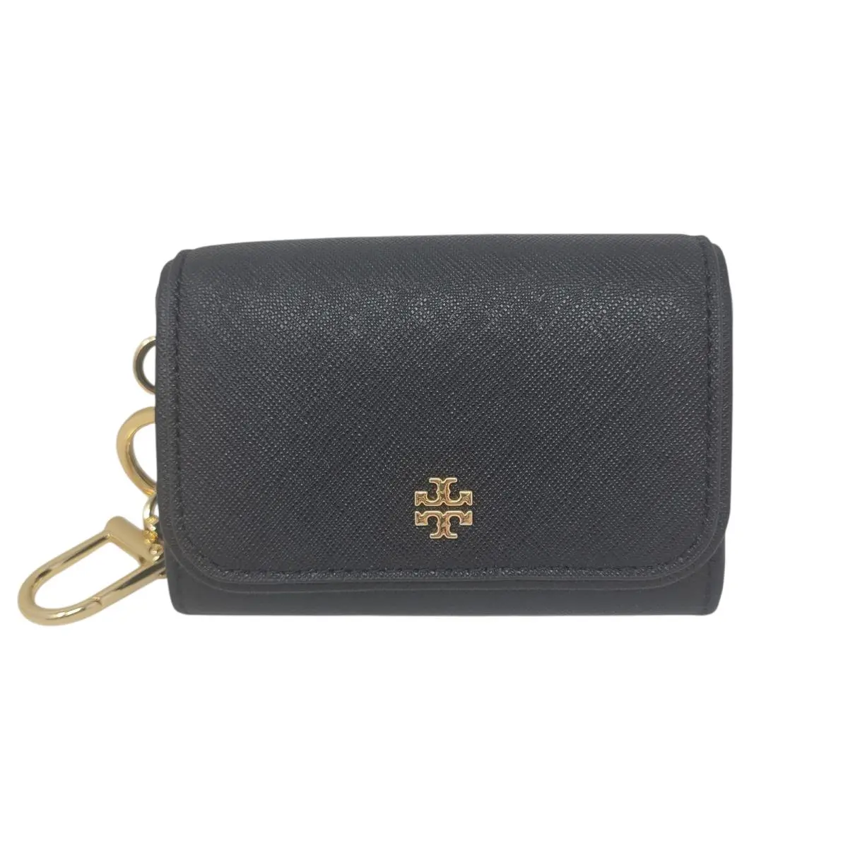 Tory Burch Card Wallet Wristlet Womens Black Leather ID Window Keychain Snap
