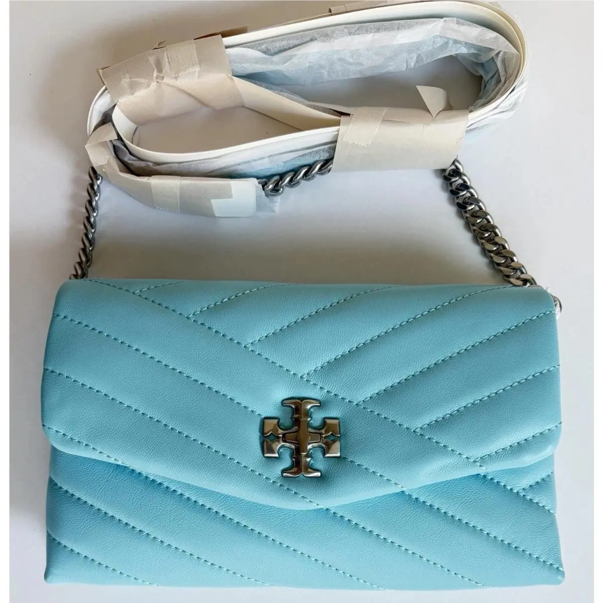 Tory Burch Kira Chevron Chain Wallet Light Celeste Blue Leather