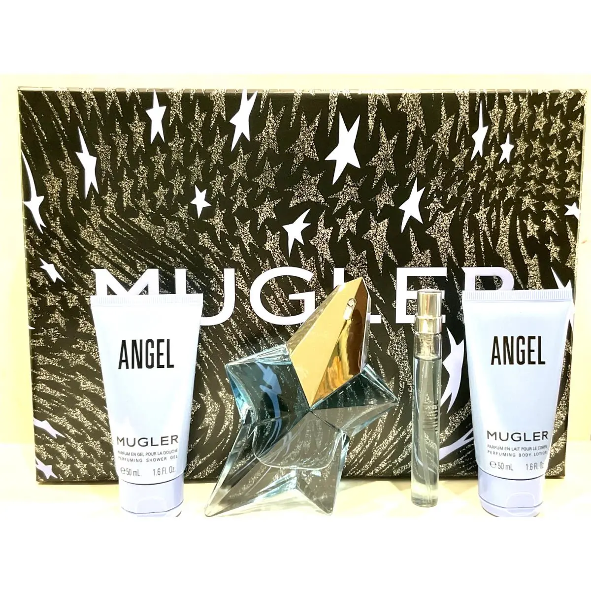 Mugler Angel 4 Pcs Set Edp 1.6 O.z + Edp 0.5 oz Body Lotion 1.6 Shower Gel