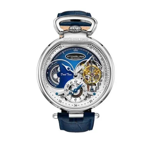 Stührling Modena Dual Time Automatic 4033 46mm Skeleton Men Watch Blue