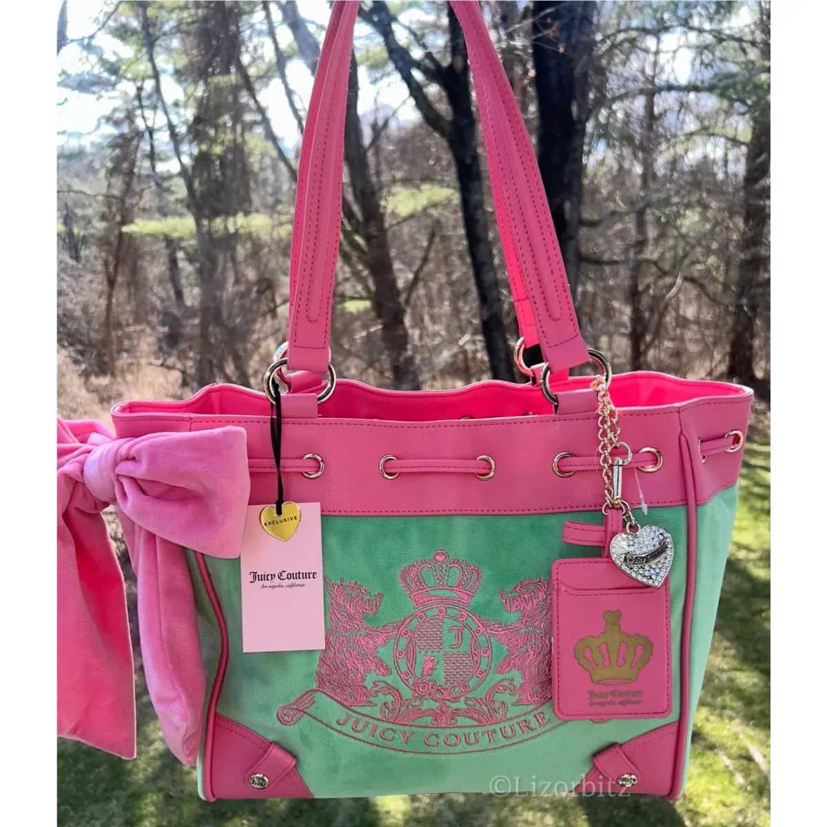 Juicy Couture Daydreamer Scottie Dogs Velour Tote Retro Green/pink