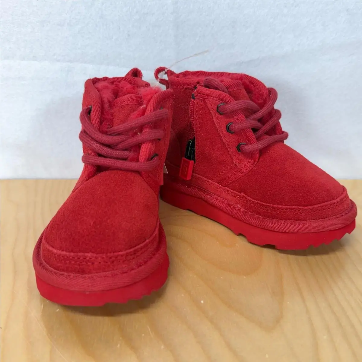 Kids Red Suede Ugg Boots with Fur Lining and Lace Up Front