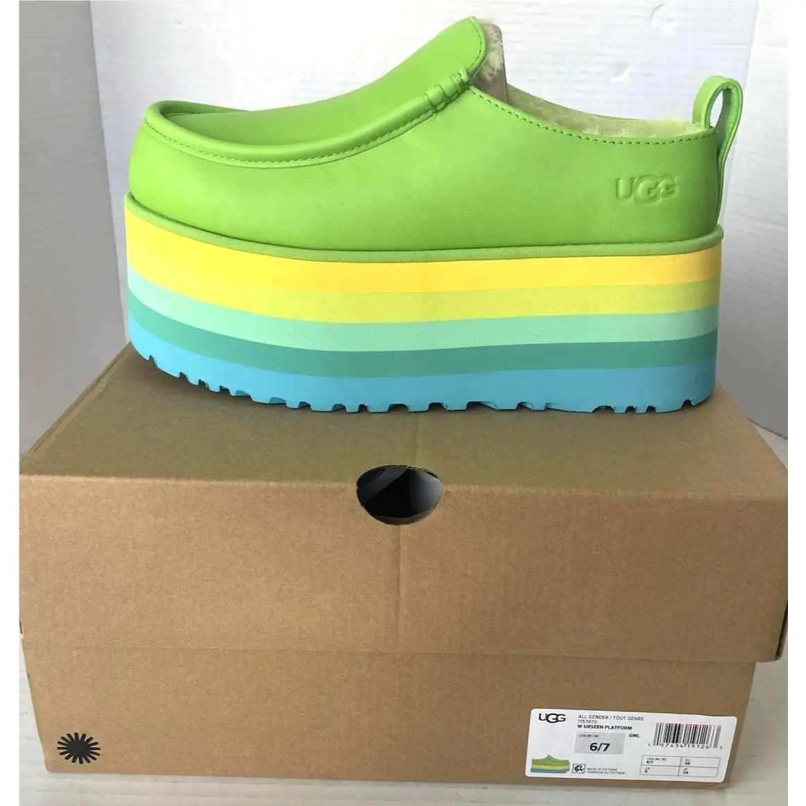 Ugg Urseen Platform Slippers All Gender Size 6/7 Green Multi Y2K Pride Plush