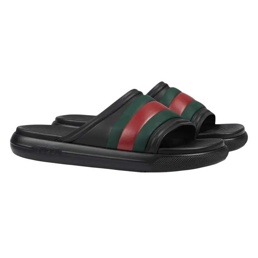 Men`s  Black Green Red Web Rubber Slides Sandals 780286 by Gucci