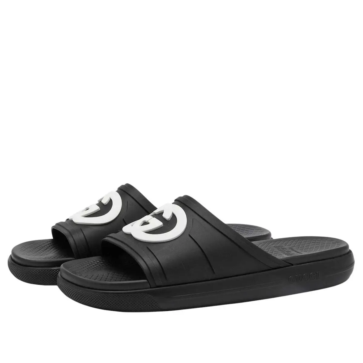 Men`s Gucci Black Interlocking G Rubber Slides Sandals 780296