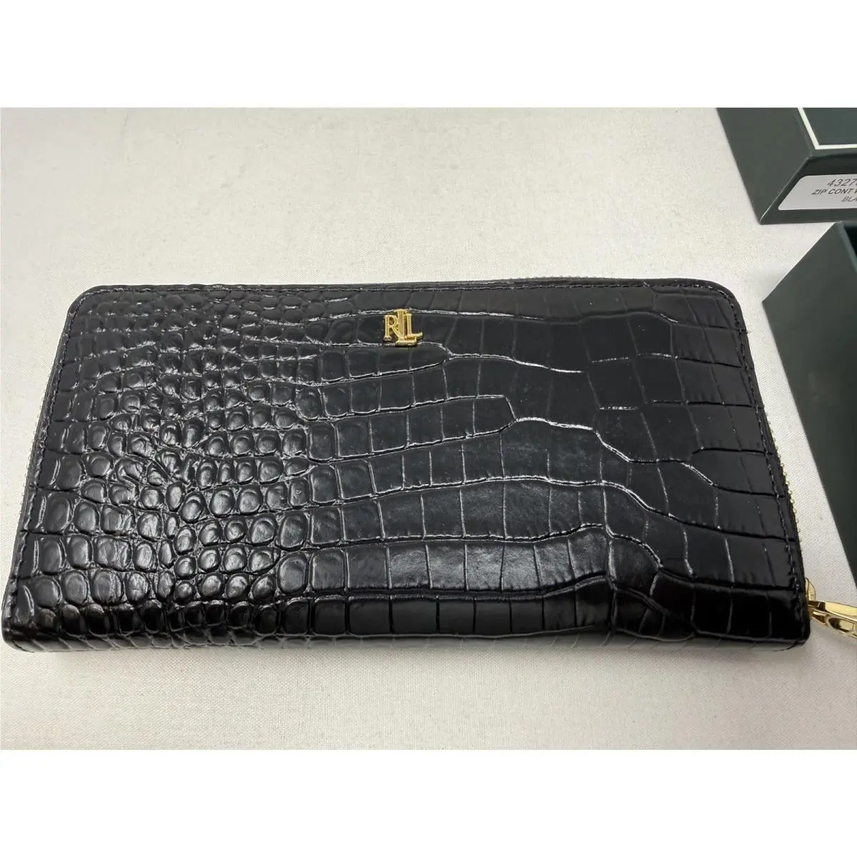 Ralph Lauren Zip Continental Large Wallet Black/gold Crock Print Leather