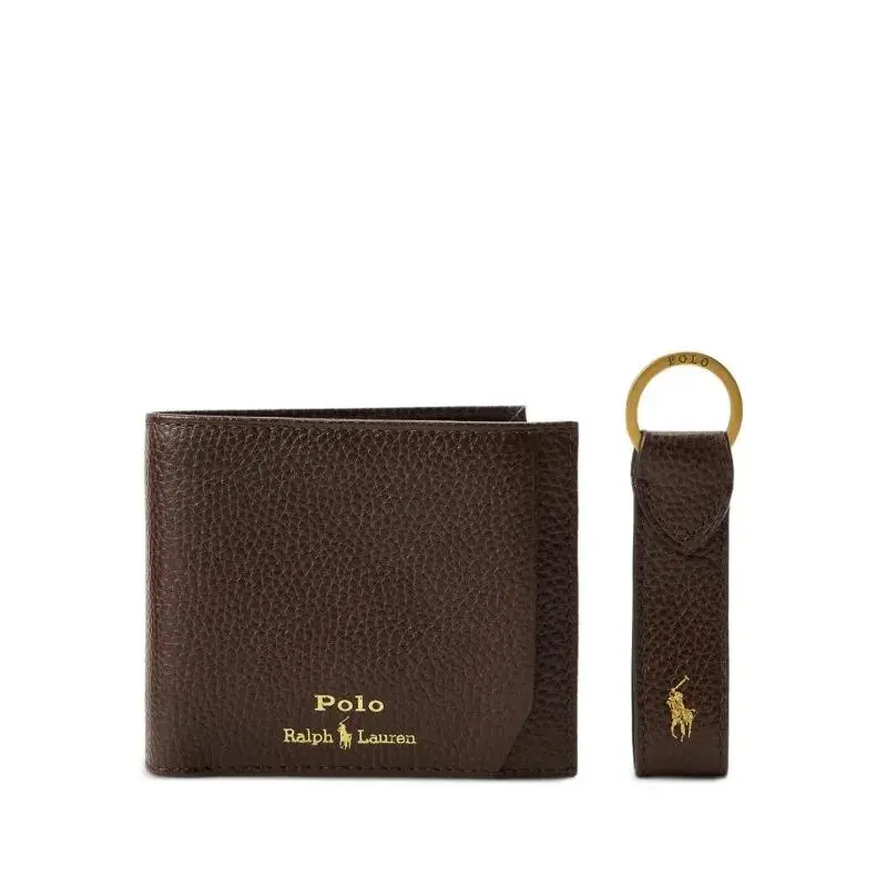 Polo Ralph Lauren Pebbled Leather Billfold Cardcase Wallet Key Fob Brown-nwt