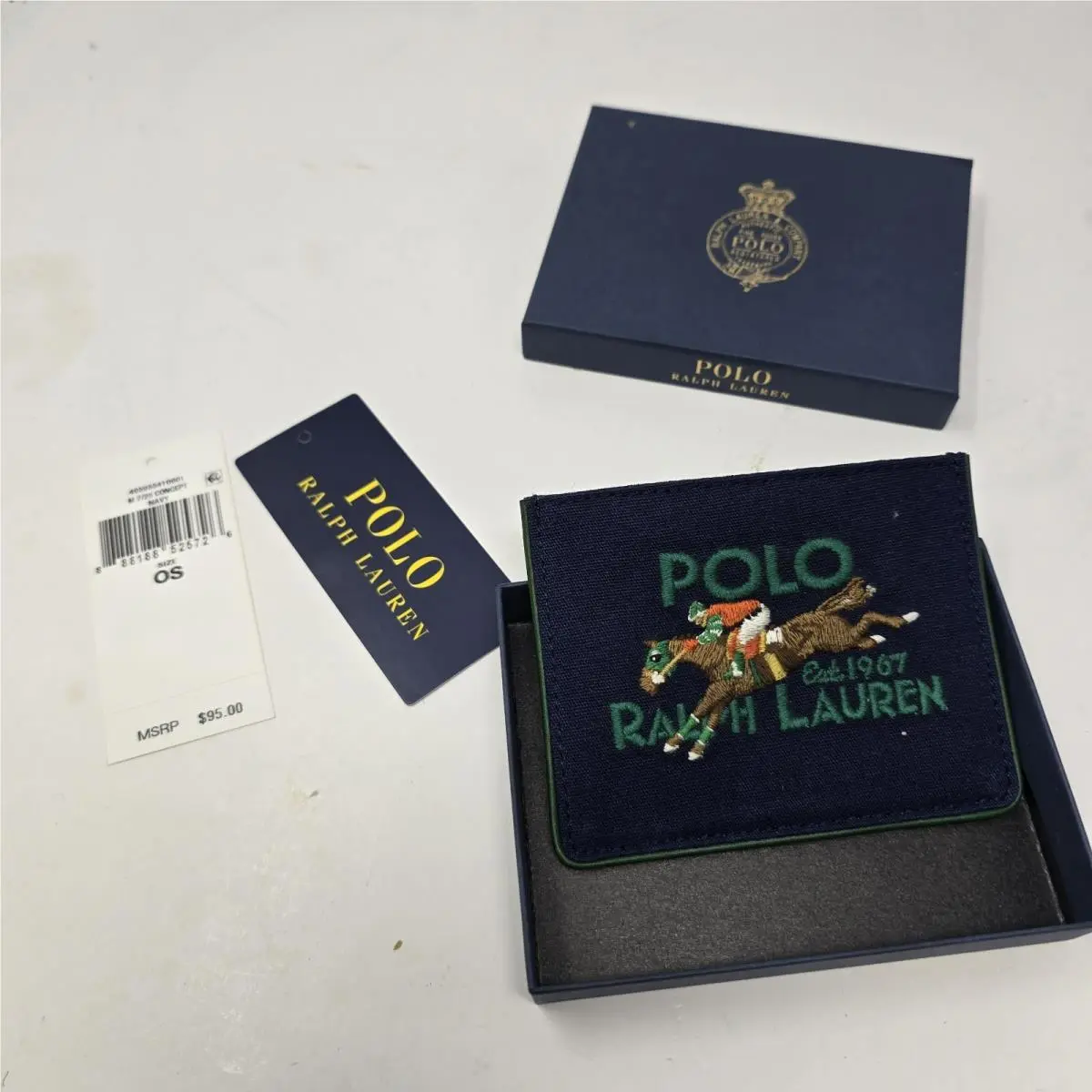 Polo Ralph Lauren Men`s Equestrian Canvas Leather Card Case Newport Navy