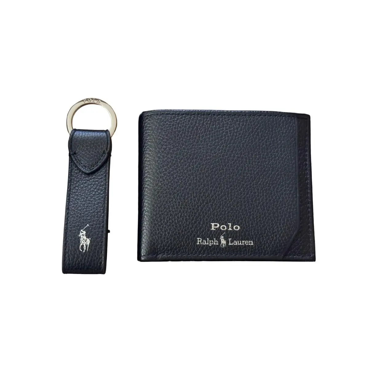 Polo Ralph Lauren Men`s Smooth Leather Billfold Wallet Keychain Set Black