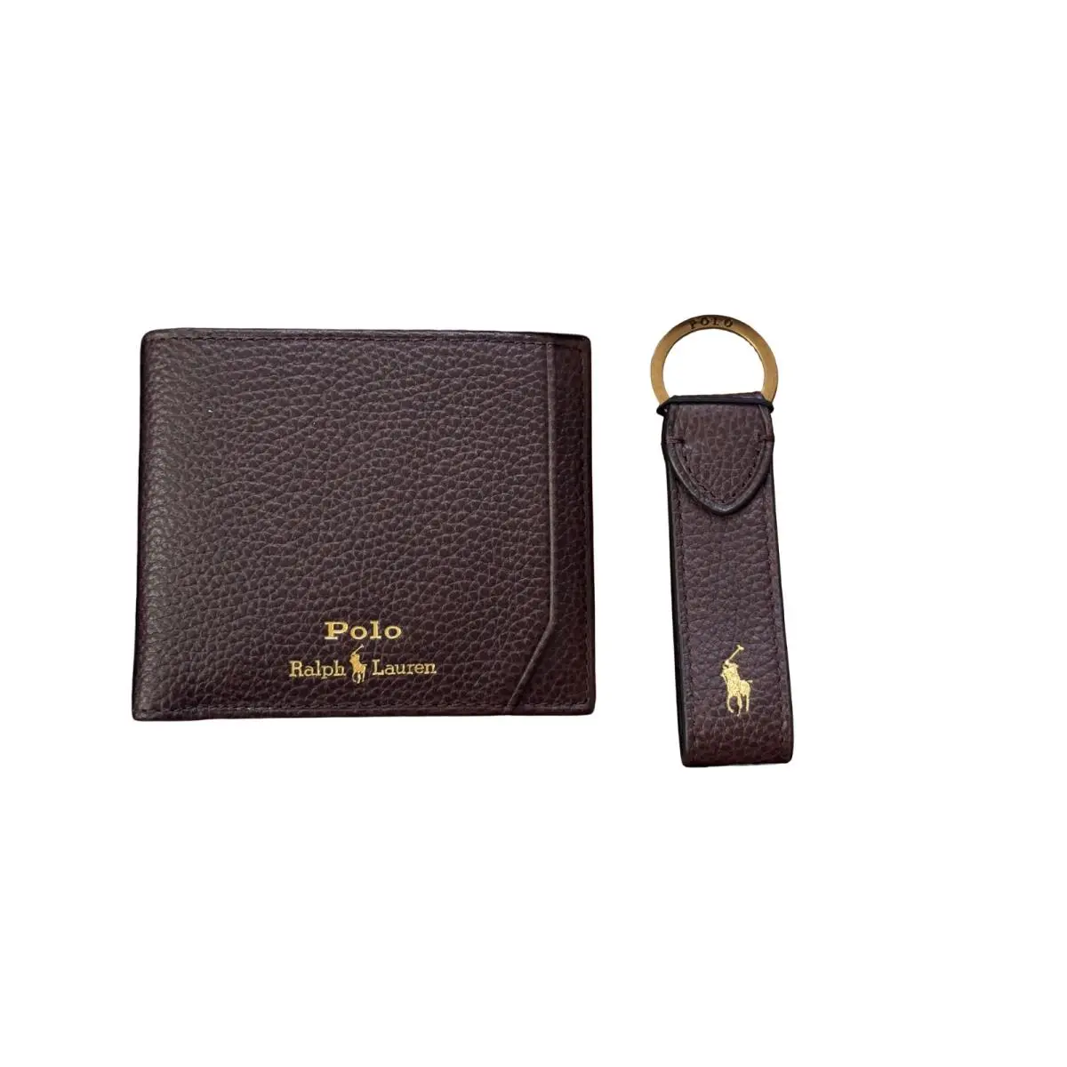 Polo Ralph Lauren Men`s Smooth Leather Billfold Wallet Keychain Set Brown