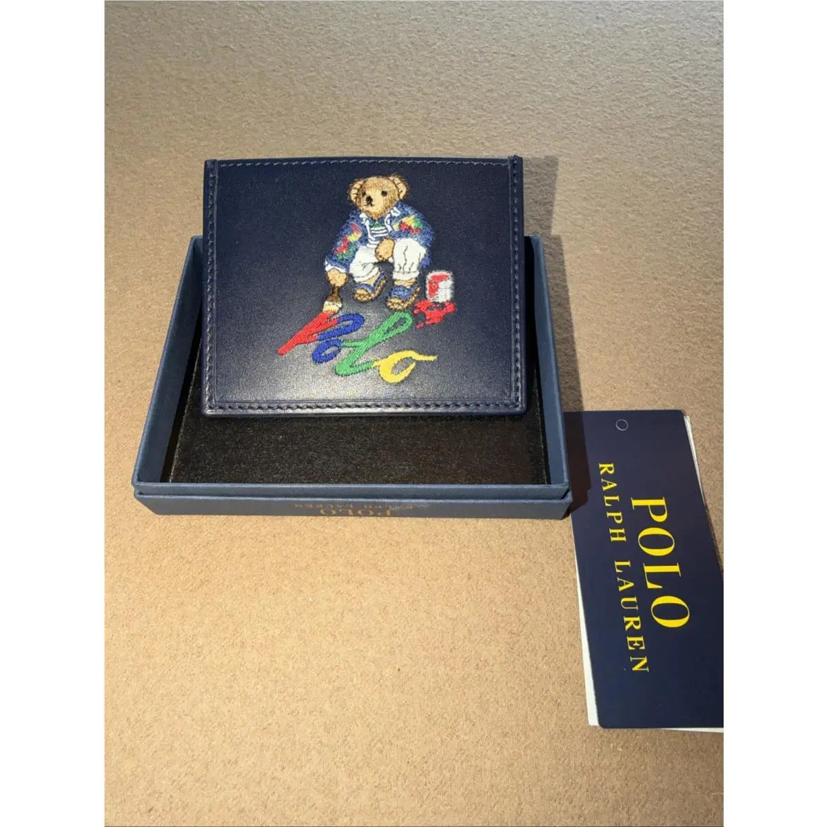 Polo Ralph Lauren Leather Slim Card Case Wallet Painting Bear Navy Embroidered
