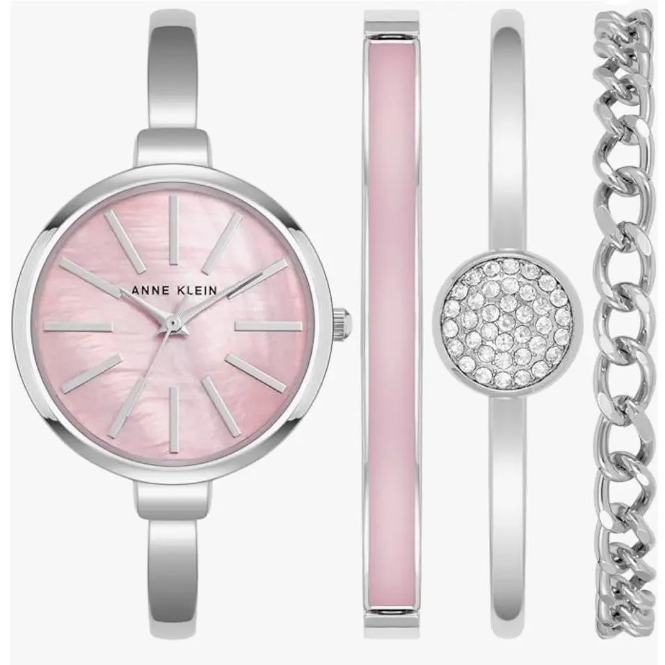Anne Klein Women`s Bangle Watch and Bracelet Set Silver Pink AK/1471PKST