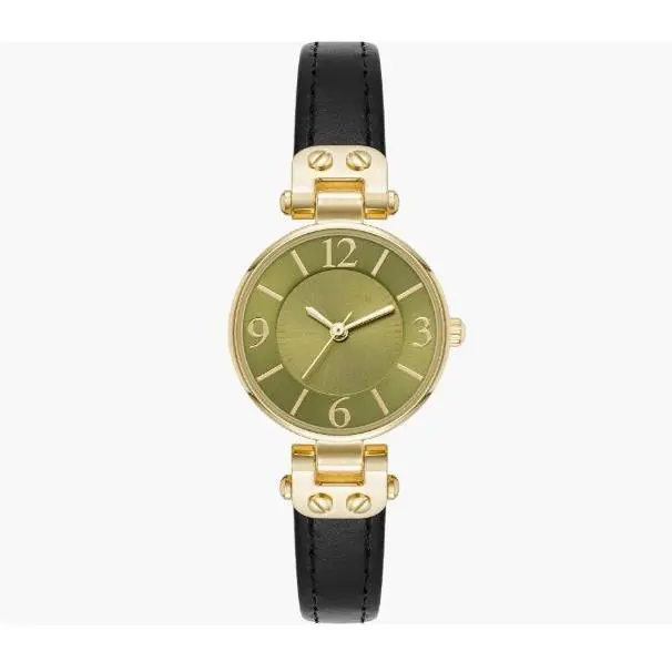 Anne Klein Women`s 109442GNBK Gold-tone Sunray Dial and Black Leather Band