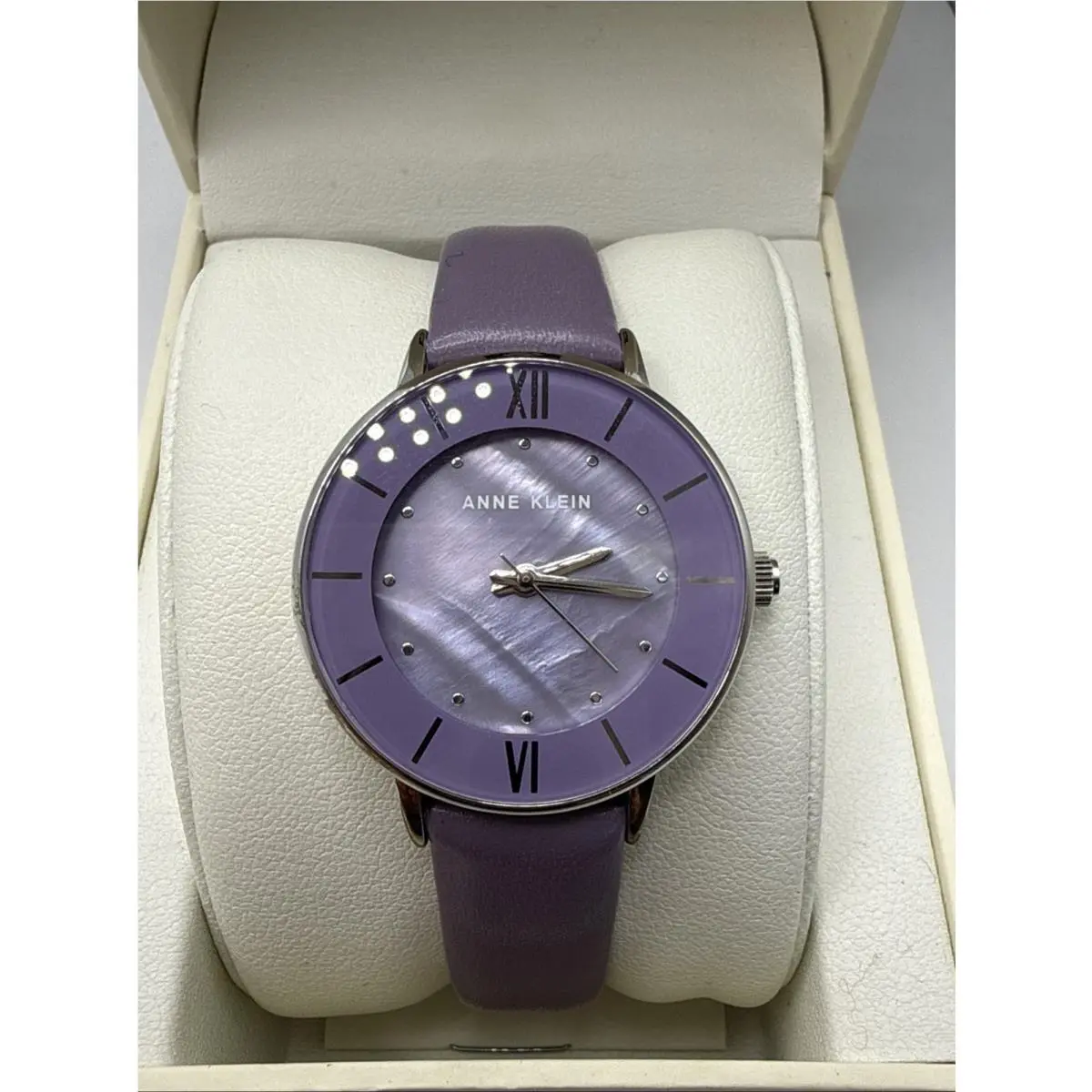 Anne Klein Purple Mother Of Pearl Leather Women’s Watch Works