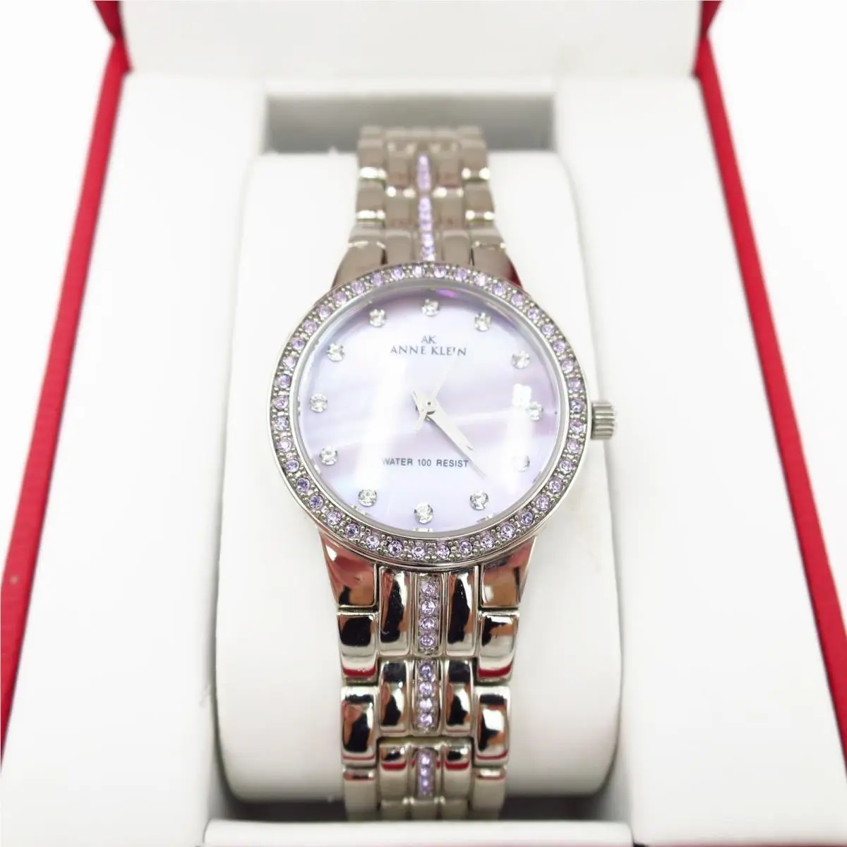 Anne Klein Watch Silver Band Pink Rhinestones Mother of Pearl Face 10/8312SW