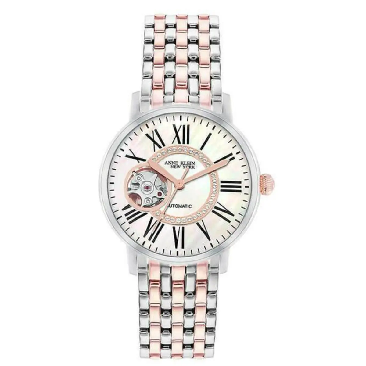 Anne Klein 12/2339MPRT Ladies Automatic Crystal Accent Two Tone Watch W/mop Dial