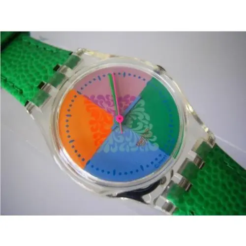Piastrella Ladies/girl`s Green Leather Band Swatch w Colorful Dial Nib-rare