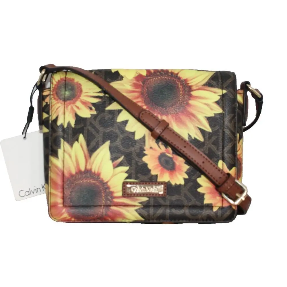 Calvin Klein Sunflower Signature CK Crossbody Bag Brown Yellow Leather