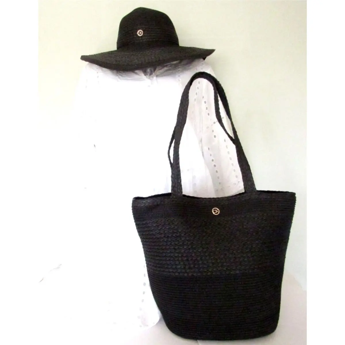 Calvin Klein 2-Piece Set: Black Woven Sunhat Beach Tote 13 x 11