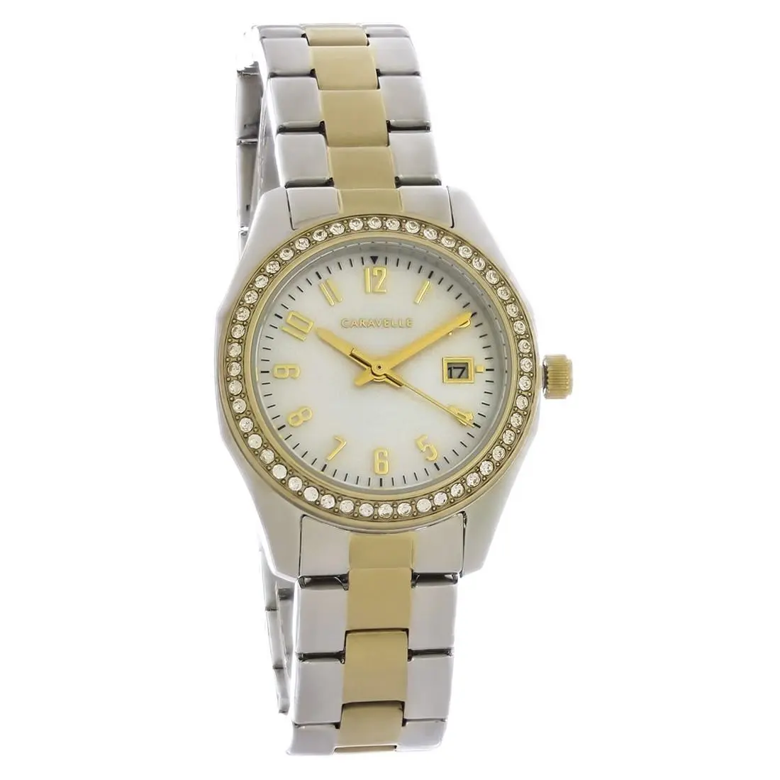 Caravelle By Bulova Crystal Women`s Two Tone Stainless Steel Quartz Watch 45M113 - Face: Mother of Pearl, Dial: Mother of Pearl, Band: Two-Tone