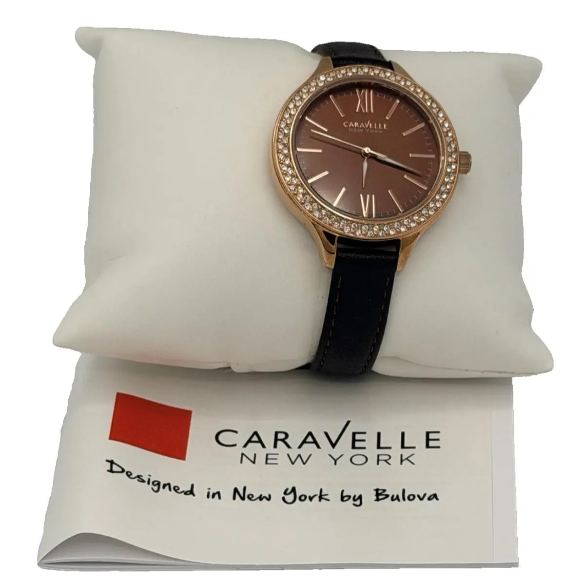 Caravelle York by Bulova 44L124 Swarovski Crystals Brown Leather Strap