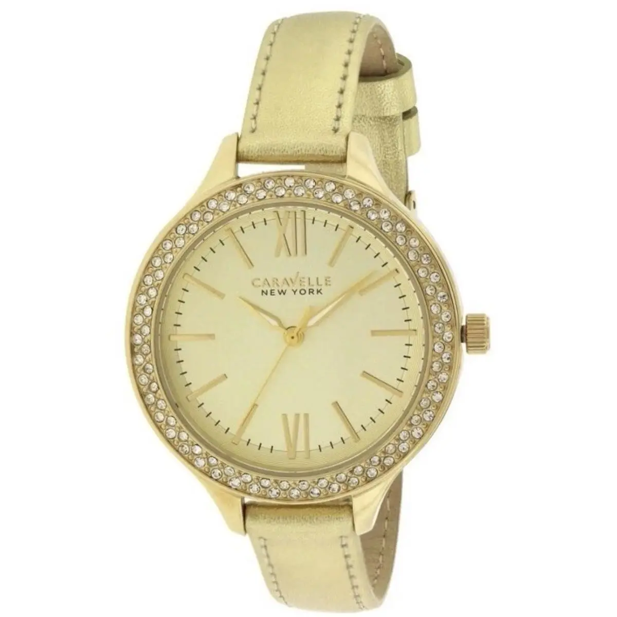 New York Ladies Gold Dial Crystal Accent Gold Leather Watch 44L131 by Caravelle