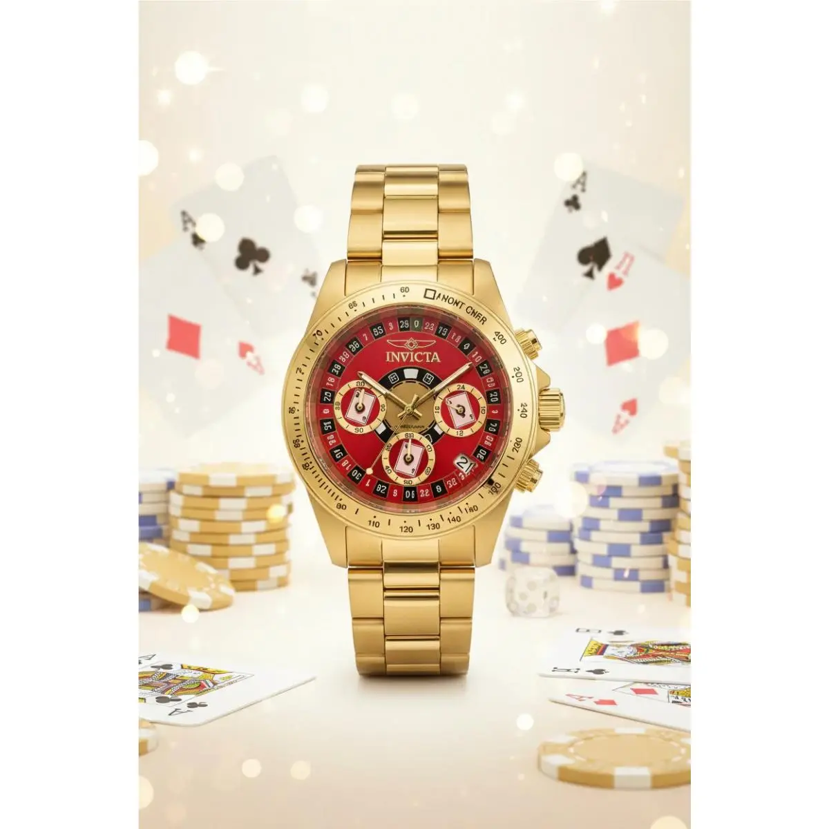 Invicta Speedway Montecarlo Casino Gold Steel Red Dial 39.5mm Mens Watch 50496