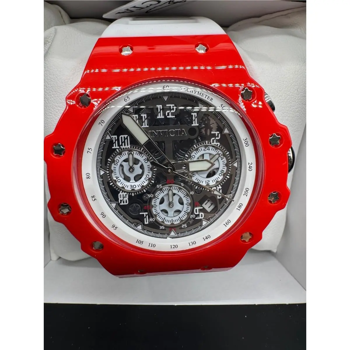 Invicta 69647 Chronograph Watch Red White Skeleton Dial Silicone Strap