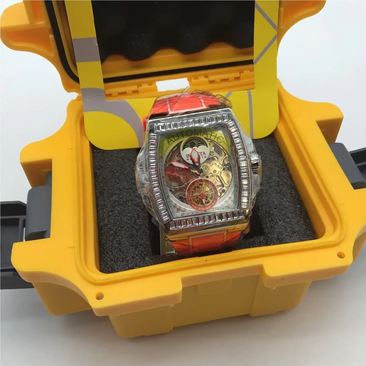 Invicta S1 Rally Diablo Automatic Skeleton Watch Orange Strap Crystal Bezel
