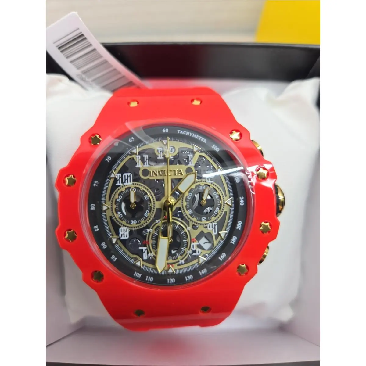 Invicta 69654 Red Resin Skeleton Dial Chronograph Watch Gold Accents
