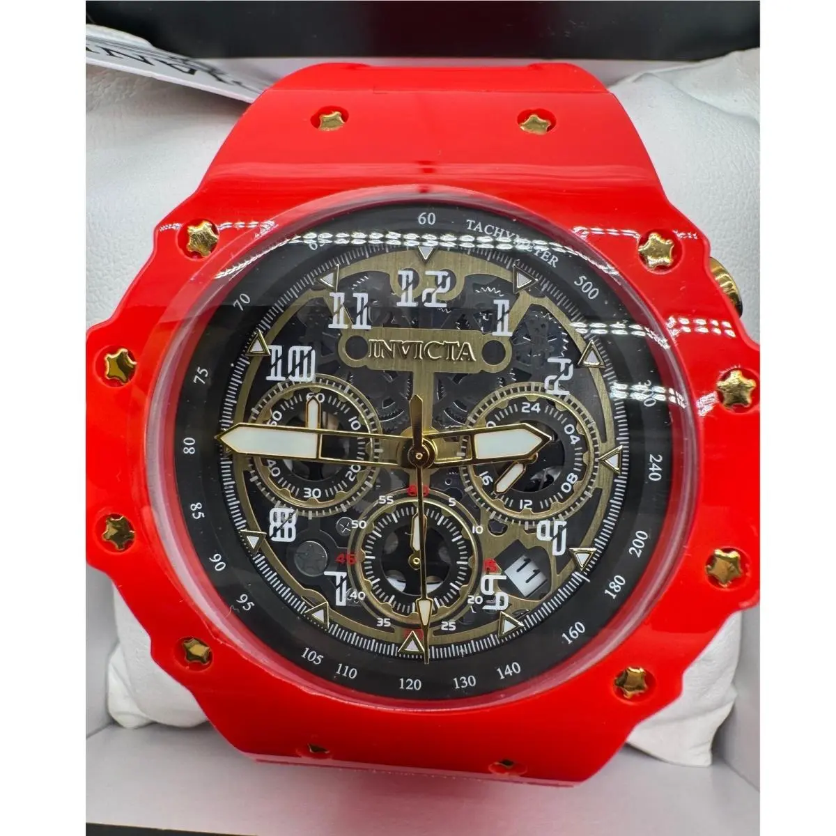 Invicta 69654 Red Resin Skeleton Dial Chronograph Watch Gold Accents