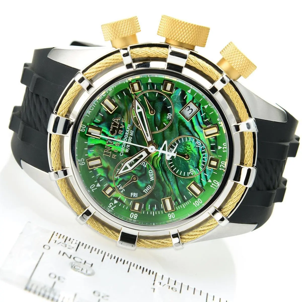 Invicta 26193 Reserve Bolt Chronograph Green Abalone Dial Men`s Watch - Dial: Abalone, Green, Band: Black, Bezel: Gold