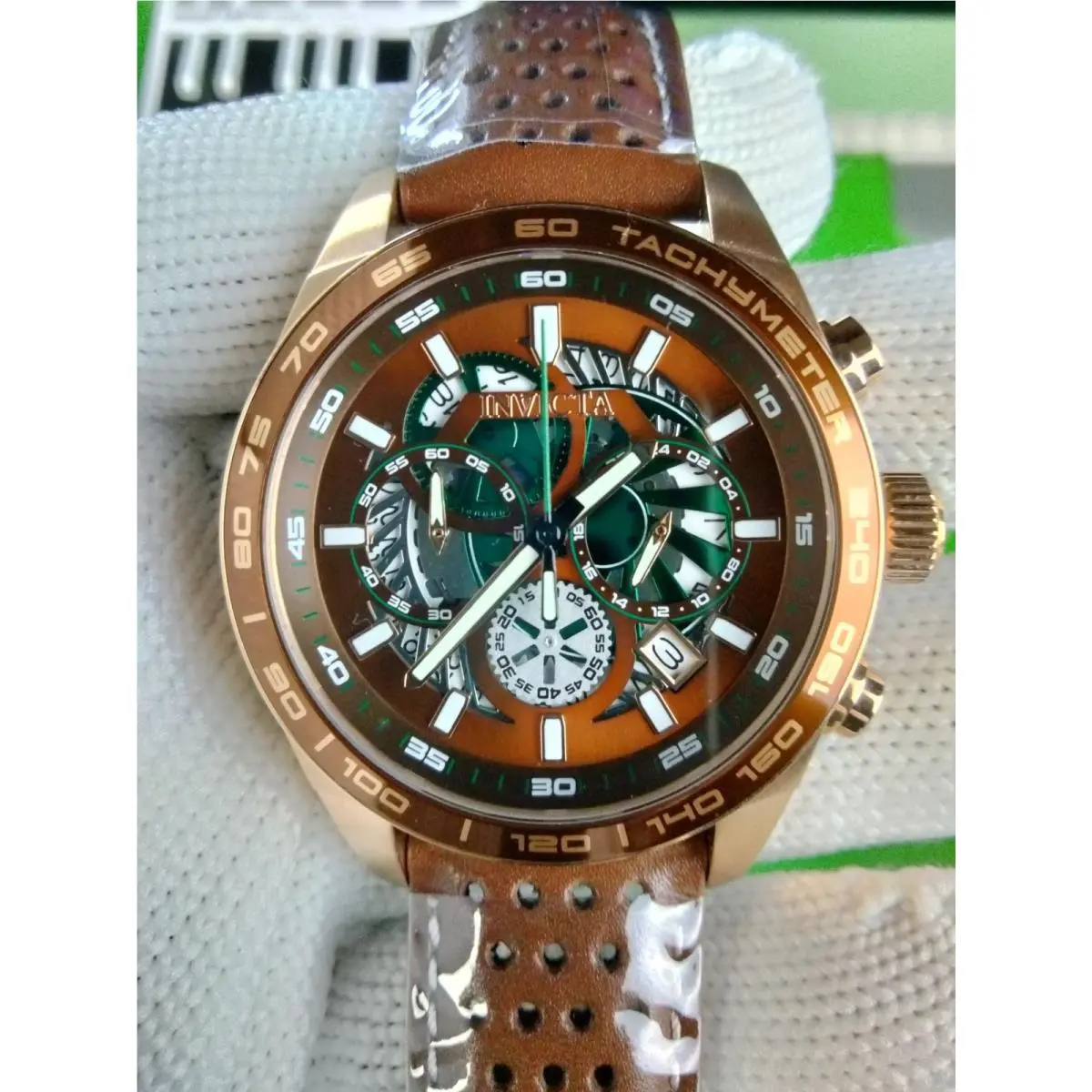 Invicta 41691 Aviator Brown Dial Rosegold Case Watch 45mm Chronograph On Leather
