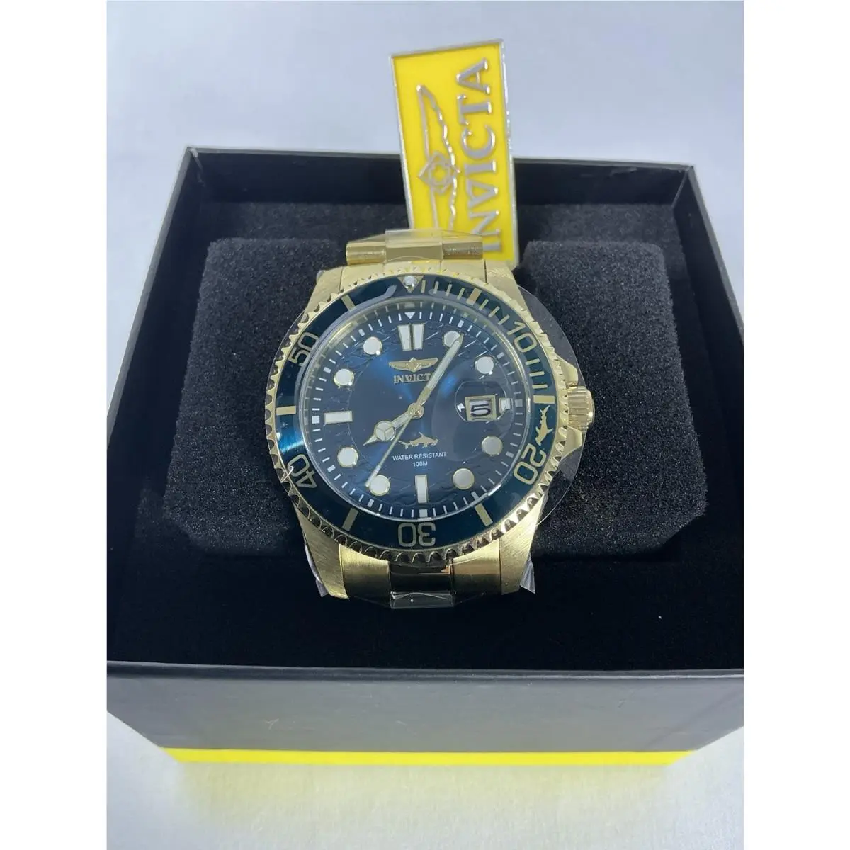 Invicta Gold Stainless Steel Diver Quartz Watch Blue Dial Water Resistant W/box