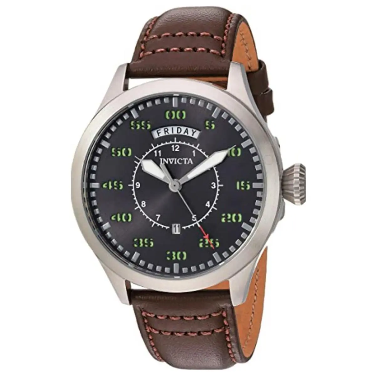 Invicta Men`s 22973 Aviator Quartz 3 Hand Charcoal Dial Watch - Dial: Gray, Band: Brown, Bezel: Gray