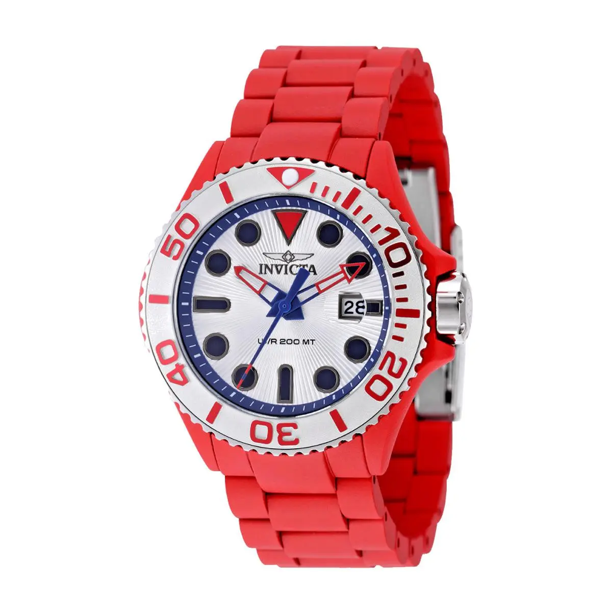 Invicta Men`s 46mm Grand Diver Quartz Aqua-plating Steel/red/silver Watch 49482 - Dial: Green, Yellow, Band: Red, Bezel: Silver, Silver, Steel, Red