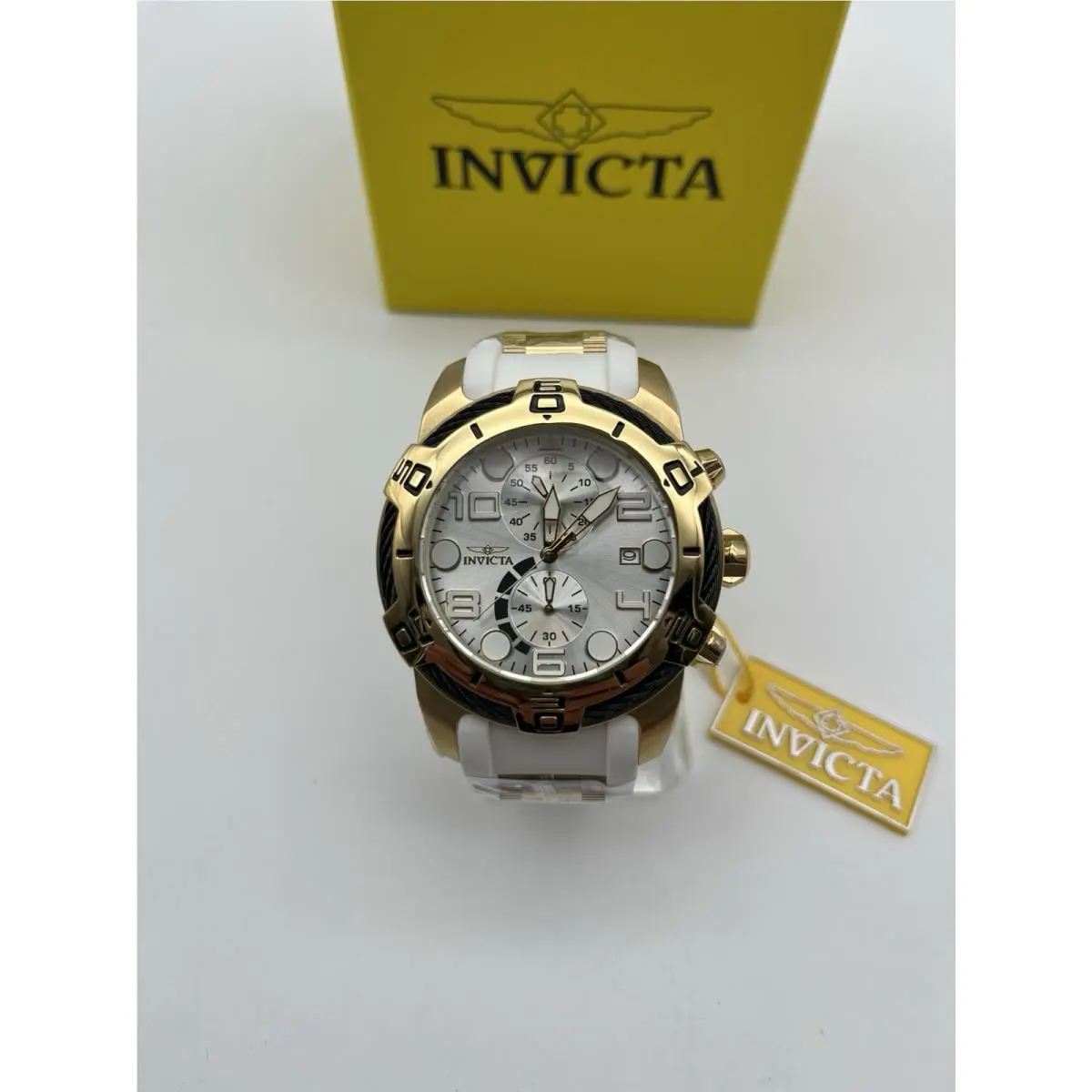 Invicta 50583 Bolt Nexus Mens Chrono Gold SS White Silicone Watch 50mm W/box