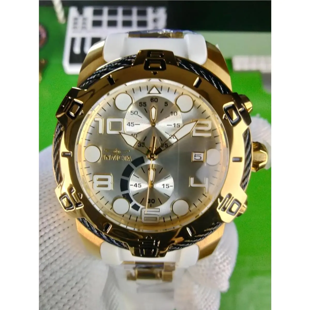 Invicta Bolt 50583 Men’s 50mm Gold White Chronograph Cable Bezel Watch 100 M