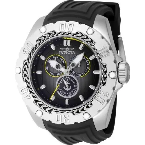 Invicta Men`s Ocean Voyage 51mm Quartz Ocean Voyage Black Silver Yellow Watch - Dial: Silver, Band: Black, Dial Family: Silver