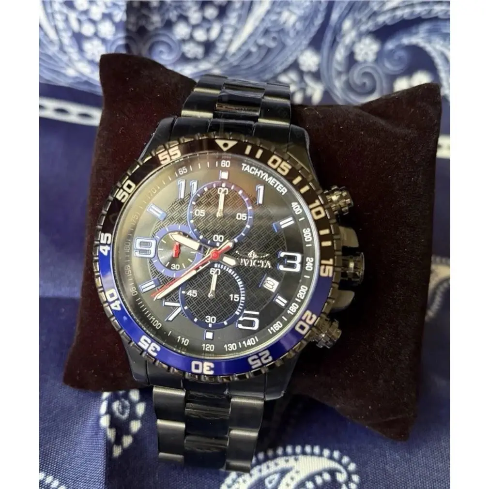 Invicta Men`s Chronograph Wristwatch Black Dial Silver Steel Band Box