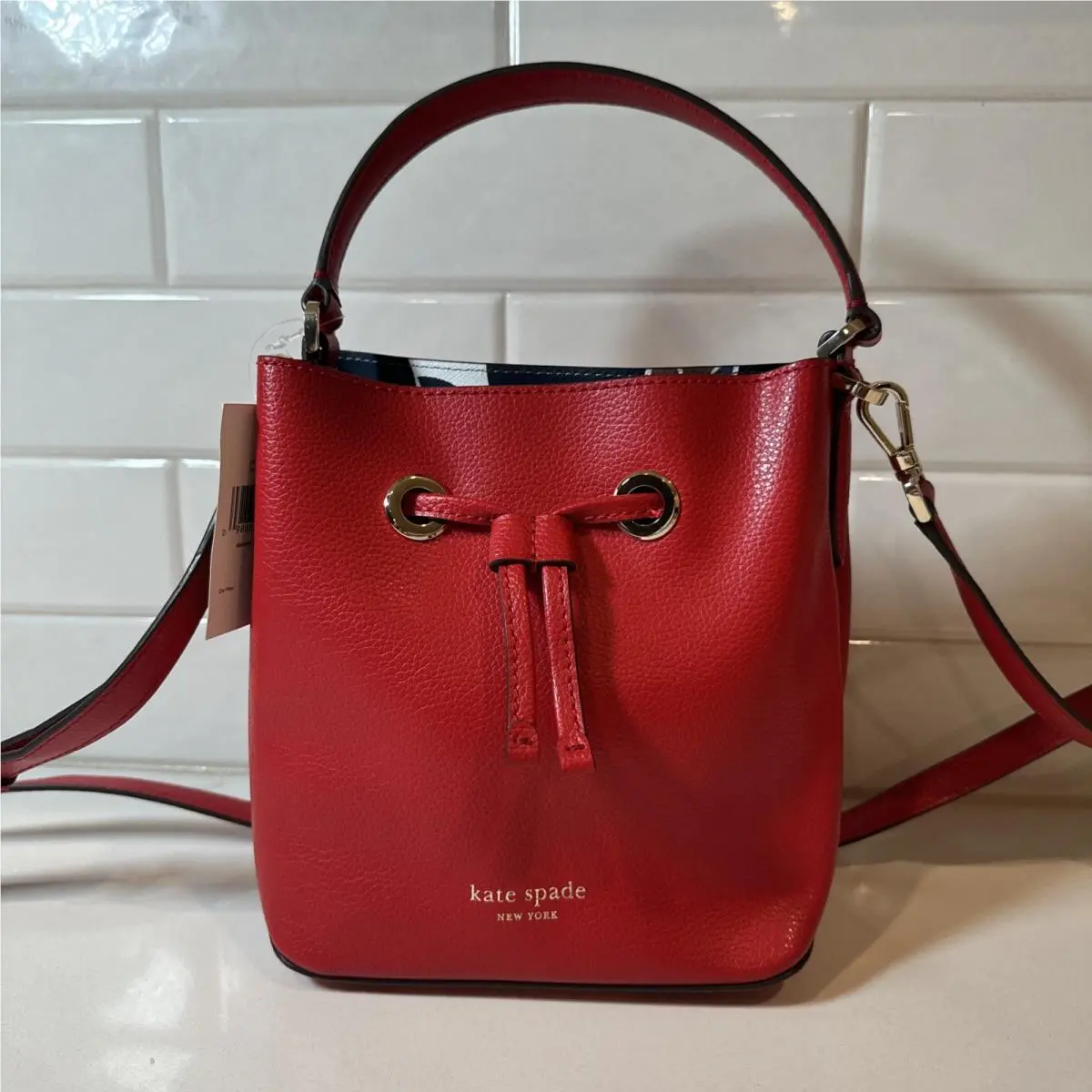 Kate Spade Eva Red / Floral Refined Grain Leather Small Bucket Crossbody Bag