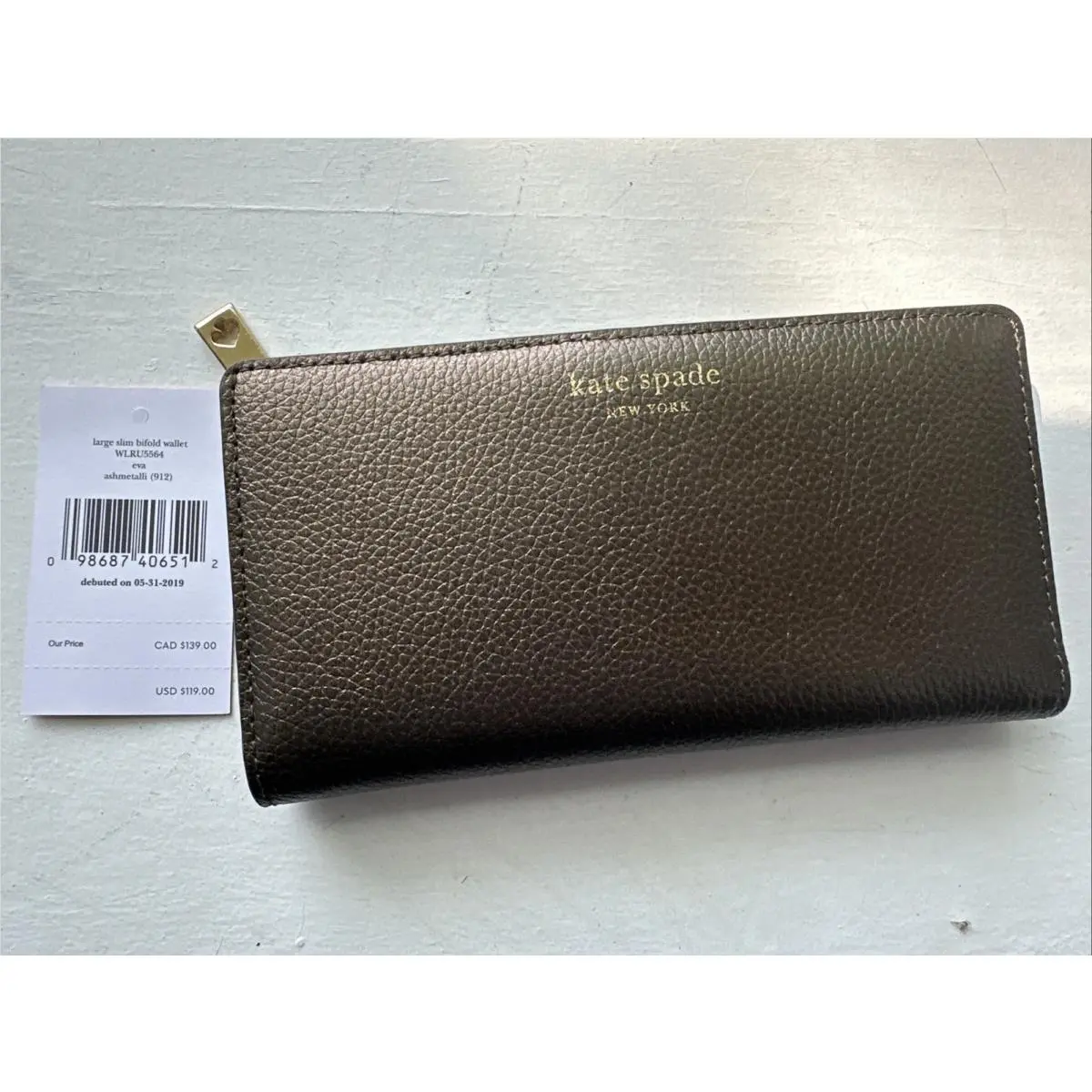 Kate Spade Cameron Large Slim Bifold Wallet WLRU5564 Brown Metallic